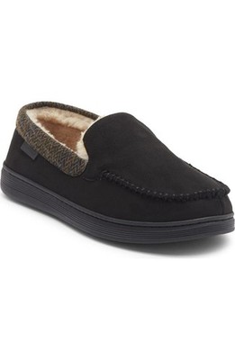 COLE HAAN Men's Plaid Trim Faux Fur Lined Microsuede Slippers Black Sz Large NEW