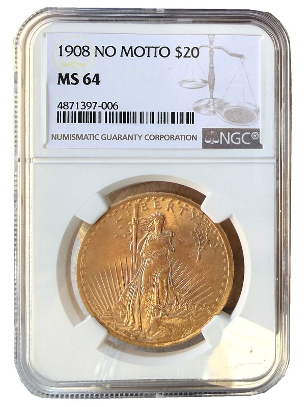 1908 No Motto MS64 NGC $20 St Gaudens Gold Coin Double Eagle 90% Gold Coin 397