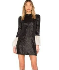 Rachel Zoe Black Sequin Mini Dress with White Flared Cuffs -  Size 0