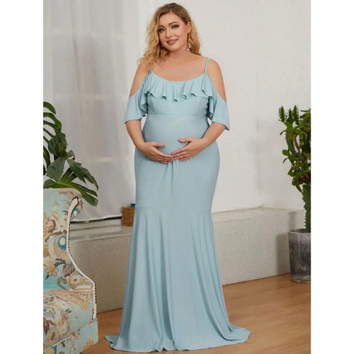 EVER-PRETTY Maternity Cold Shoulder Ruffle Trim Mermaid Hem Floor Length Dress