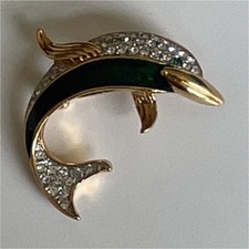 A&S Gold Tone Dolphin Brooch Pin Green Enamel Accent with Clear Rhinestones