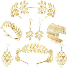 6 Pcs Greek Goddess Costume Accessories Set for Women Golden Laurel Leaf Crown H