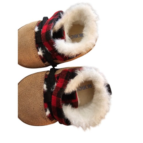 Robeez Baby Crib Shoes Sz 6-9M Leather w/ Sherpa Lining Red Plaid - Picture 2 of 5
