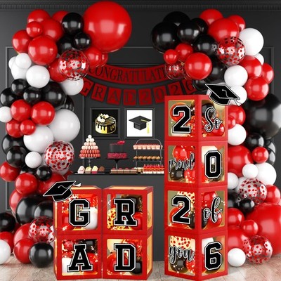 Graduation Decorations Class of 2026Red and Black Graduation Decor Set of 4