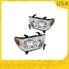 Headlight Assembly Fit For 2008-2017 Toyota Sequoia Halogen Chrome Amber Pair
