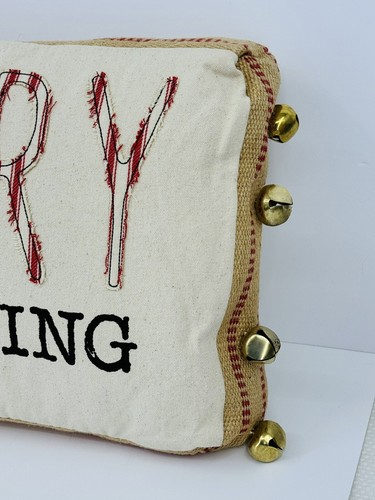 Mud Pie “ MERRY EVERYTHING “ Merry Jute Webbing Pillow w/ Bells NWT - Picture 3 of 6