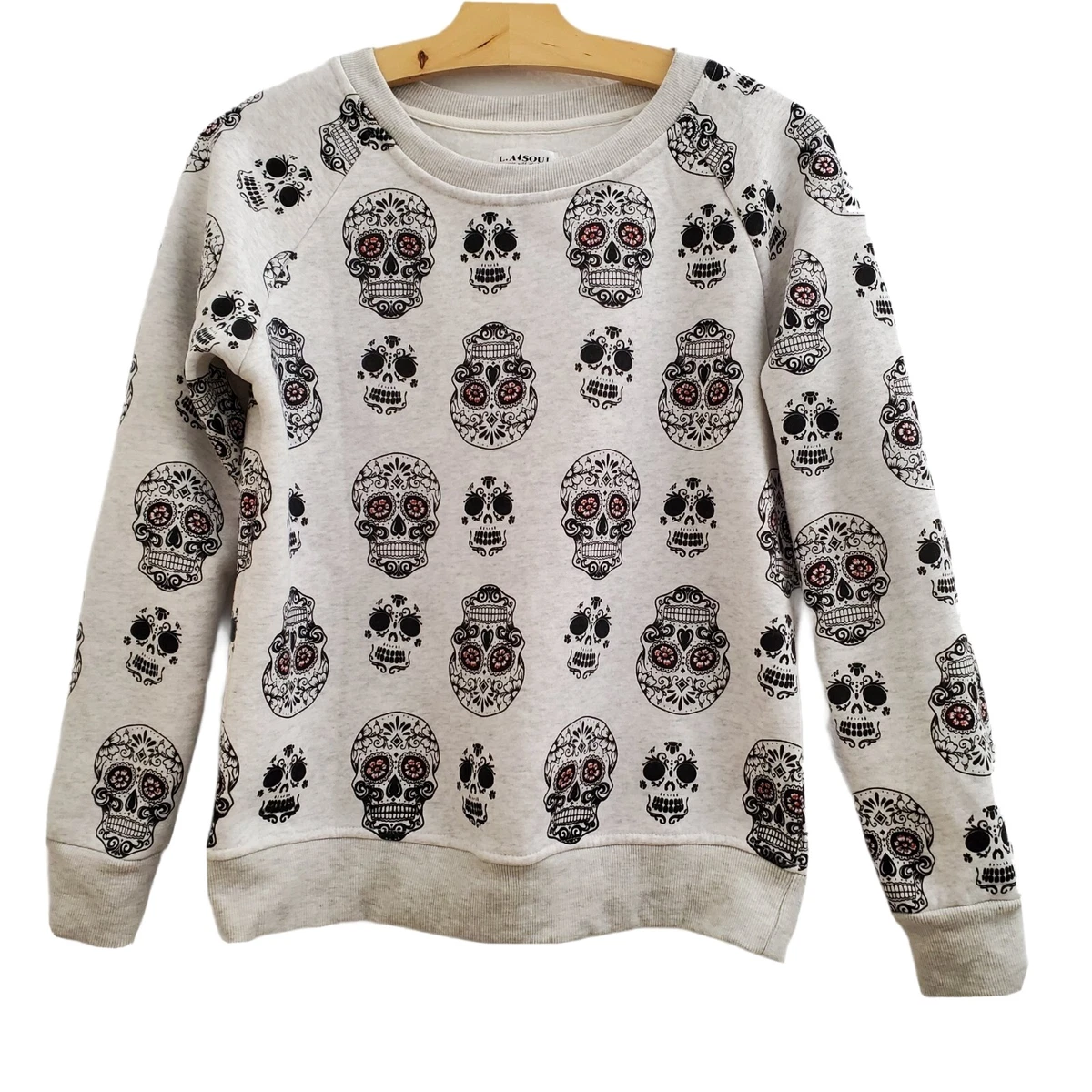 LA Soul Sugar Skull Sweatshirt Womens Small All Over Print Heather Gray Fleece