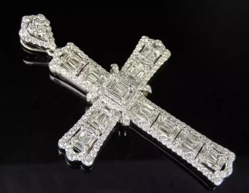 2.00Ct Baguette Cut Lab Created Diamond Cross Pendant 14K White Gold Plated - Picture 5 of 5