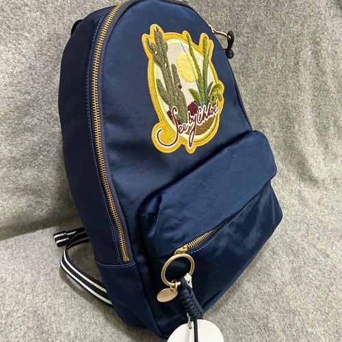 NWT See by Chloe Satin Cactus Patch Medium Backpack Dark Navy - Picture 2 of 13