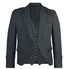 Men's Scottish Charcoal Grey Blazer Wool Argyle Kilt Jacket with 5 Button Vest