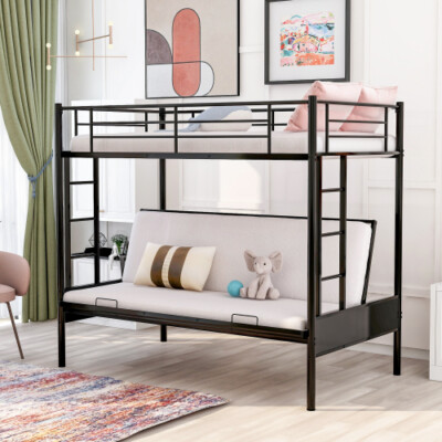 Twin Over Full Metal Bunk Beds Futon Frame Metal Sofa Bed For Kids Adults  Black
