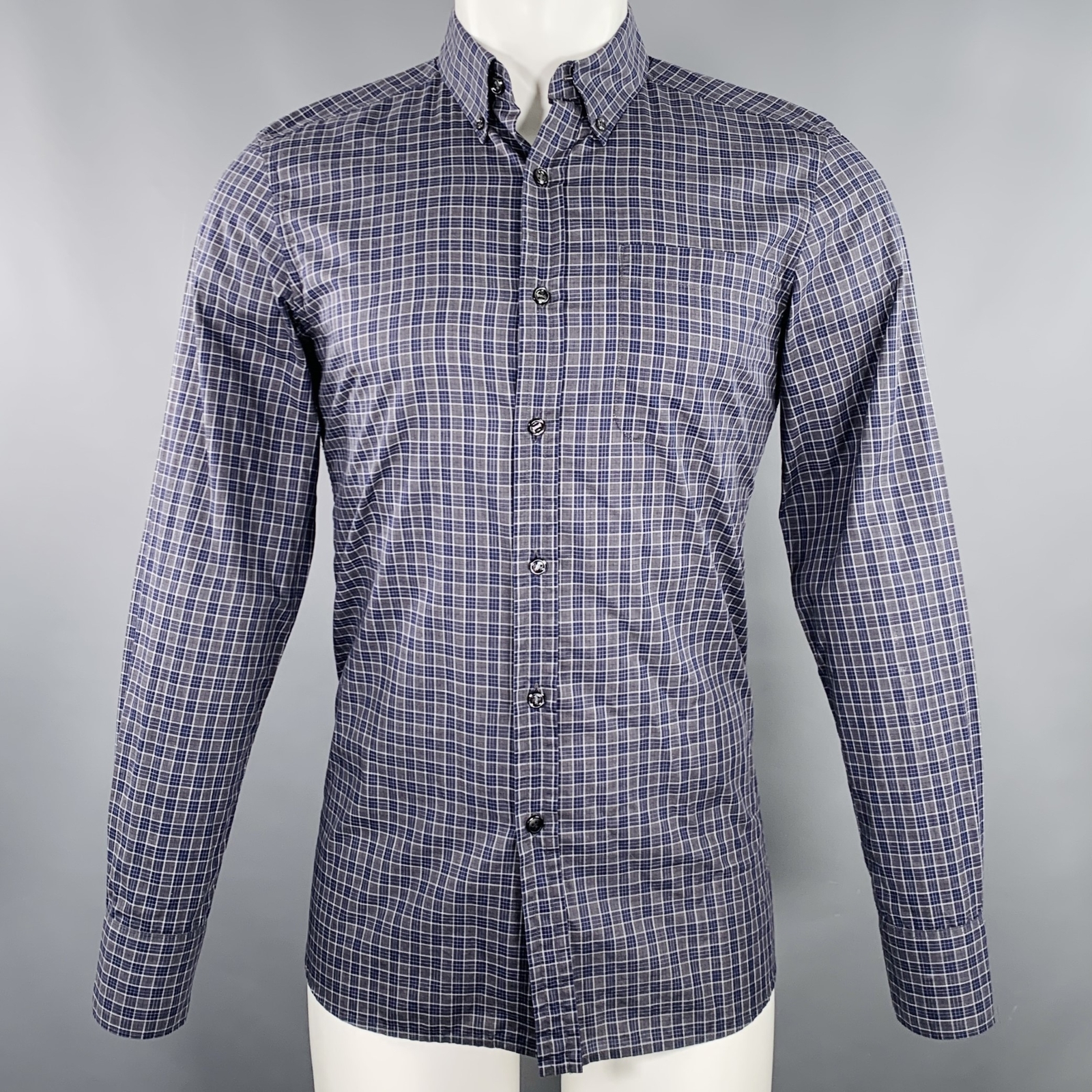 Camicia manica lunga YVES SAINT LAURENT taglia S grigia blu navy a quadri cotone