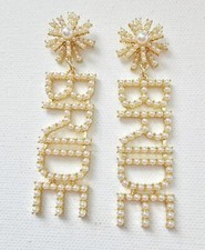 White Pearl Bride Bridal Earrings 3" Long Lightweight Linear Gold