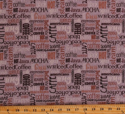 Cotton Coffee Words Steam Latte Caffe Cappuccino Fabric Print by Yard D577.47