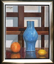 Stilleben im  Atelier blaue Vase Staffelei Ölgemälde Michaela Krinner 1915-2006