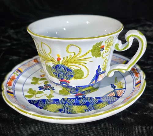 Vintage Italian Garofano Faenza Blue Carnation Coffee Tea Cup & Saucer Set Gumps
