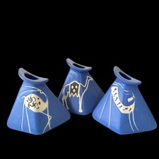 Set of 3 Blue Ceramic Bud Vases Middle Eastern Jordan Primitive Animal Design