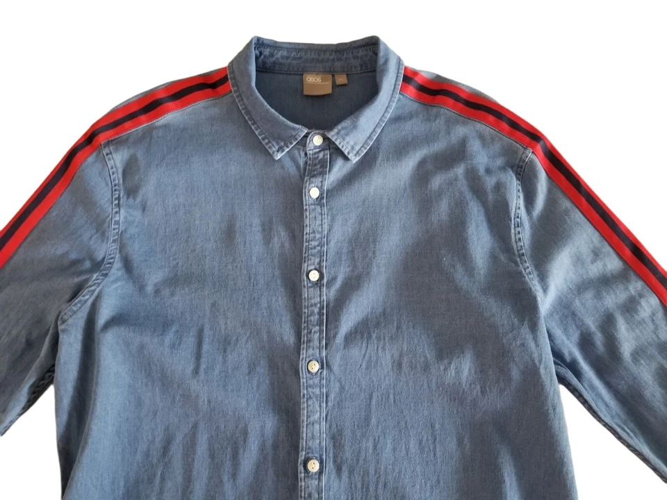 ASOS Mens Size 2XL Blue Denim Stretch Slim Fit LS Shirt W/Gosgrain Ribbon Detail - Image 3 of 4