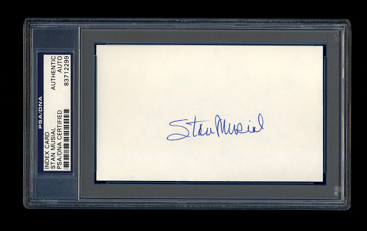 STAN MUSIAL SIGNED INDEX CARD PSA/DNA SLABBED HOF AUTOGRAPHED ST LOUIS CARDINALS