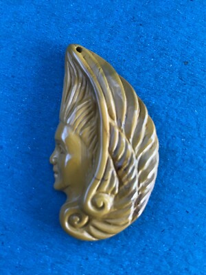 Finely Carved Mustard Wing w Side Profile Woman Face Stone Pendant or Other Use 