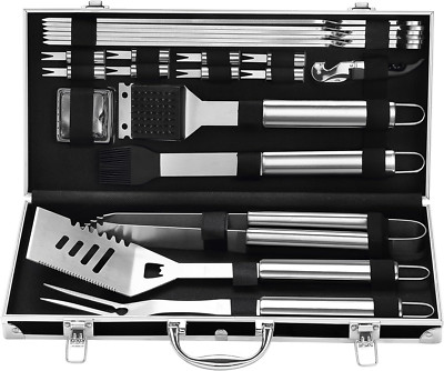 22-Piece Stainless Steel BBQ Grill Tools Set with Black Aluminum Case - Premium 