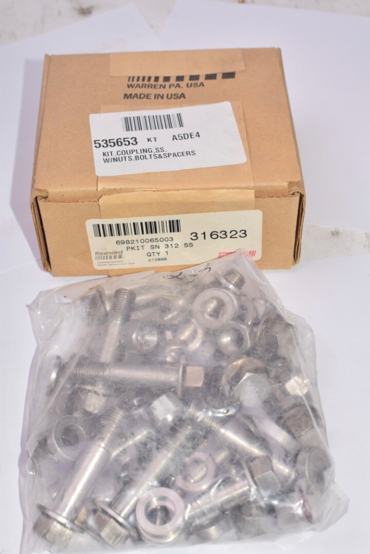 NEW Rexnord PKIT SN 312 SS - 316323, Kit, Coupling, SS, W/ Nuts, Bolts, & Spacer