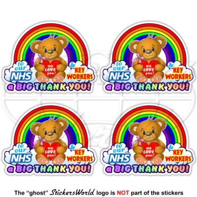 RAINBOW TEDDY BEAR THANK YOU Stickers Love U NHS Key Workers Virus 55mm x4