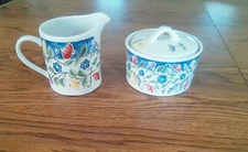 Nicole Tabletops Unlimited Creamer & Sugar Bowl w/Lid Blue Band Multifloral