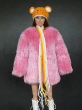 Miniature Crochet Hat&Scarf with Bear Ears for Poppy Parker, FR, Nu Face, Barbie