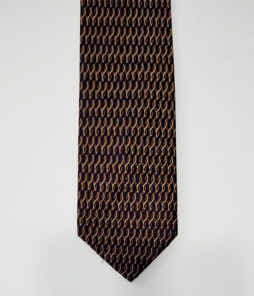 Corbata TOM JAMES Para Hombre 100% Seda EE. UU. Geométrica Marrón/Negro/Dorado Usada en Excelente Condición Foto 2 de 3