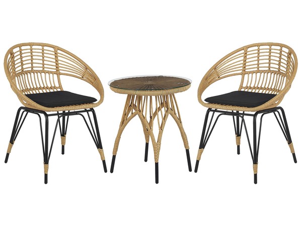 Balkonset Tisch Mit 2 Sesseln Rattan Hellbraun Metall Schwarz Auflagen Pellaro-image