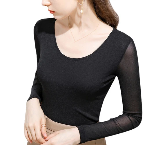 Damen-T-Shirt U-Ausschnitt Netz Langarm Stretch Basisschicht Oberteil schmale Passform Freizeit - Bild 12 von 20