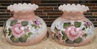 Vintage Pair Milk Glass Hurricane Lamp Shade Pink Hand Painted Floral Crimped 7"