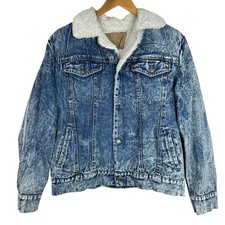 Vintage 80s Levi s Sherpa Lined Denim Jacket Acid Wash Blue Mens Large Trucker