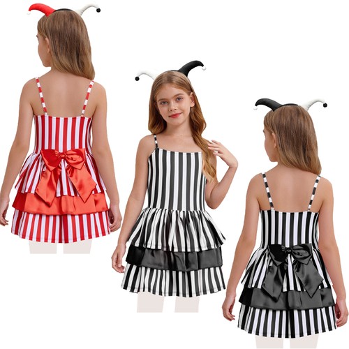 Kinder Mädchen Outfits Schleife Kostüm Puffy Kleid Clown 2 Teile Saum gestreift Kopfbedeckung Bühne - Bild 1 von 32