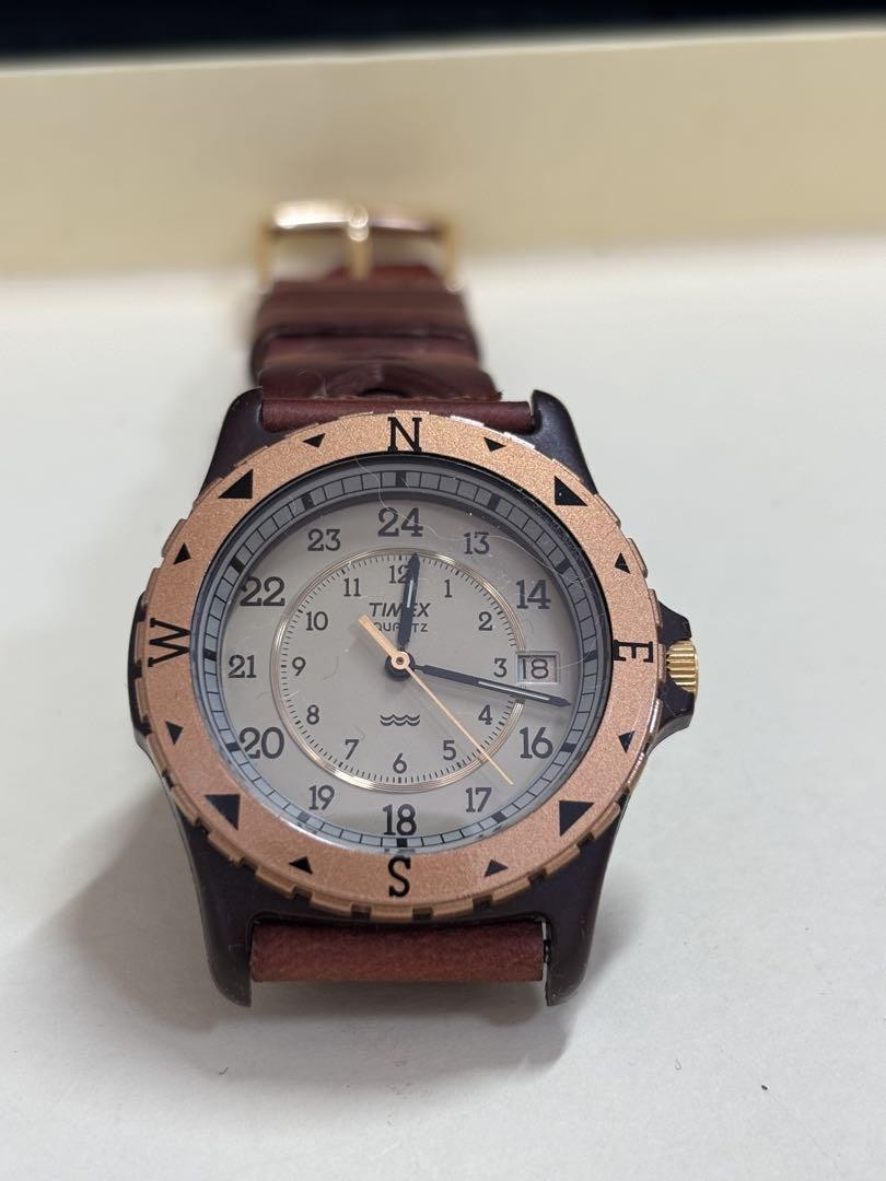 Vintage TIMEX Safari 395 LA CELL Watch Brass Bezel Brown