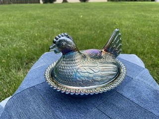 Vintage Indiana Glass Hen on a Nest Iridescent Blue covered candy dish 7"