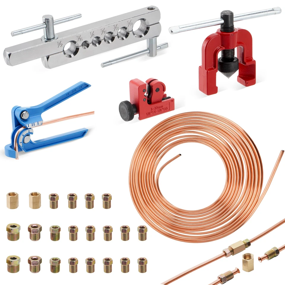 New Brake Line Repair Kit 3/16 25 FT Pipe Single Flaring Tool 22 Nuts Fittings - Image 3 of 4