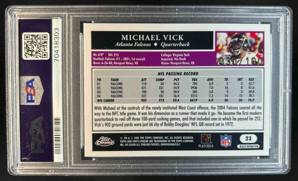 2005 Topps Chrome Michael Vick Black Refractor #30/100 Falcons PSA 8 - Image 2 of 2