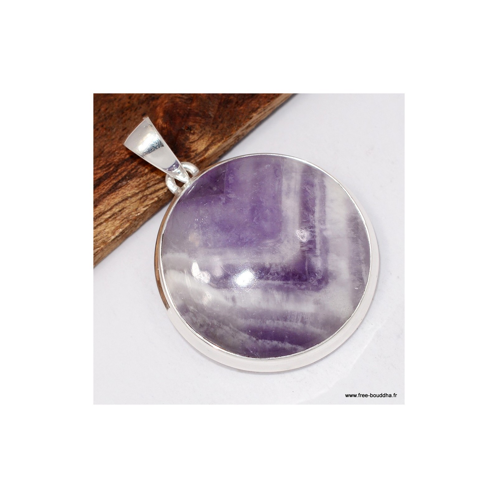 Pendentif rond en Améthyste à bandes TW6.3 en argent massif pour femme