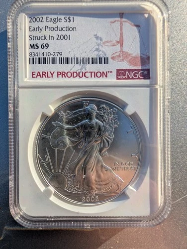 1 oz Silver 2002 Eagle S$1 Early Production Struck In 2001 MS69 NGC