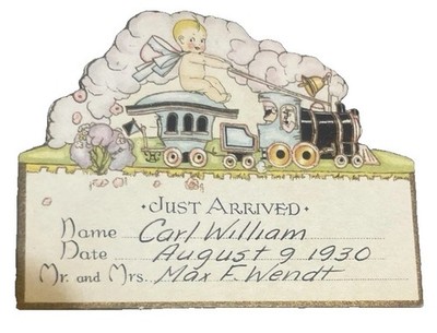 Vtg 1930 Hallmark Birth Announcement Card Die Cut Train Carl William Wendt 5N10