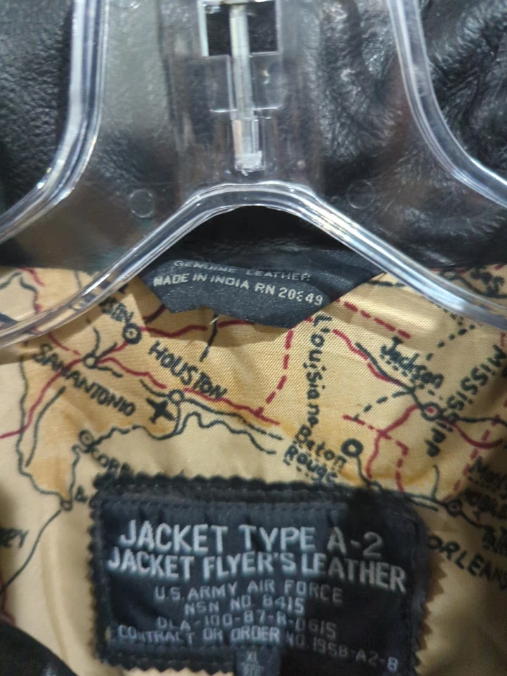Vintage Men’s Sz XL Tall Saddlery Goatskin Leather Bomber A-2 Flight Jacket USAF - Image 3 of 4