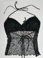 VTG Passport 90s 00s Y2K Beaded Backless Halter Cami Tank V Neck Sz M Festival