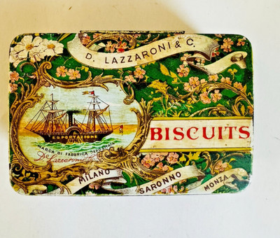 Vintage Lazzaroni Biscuits Tin Italy Mini Lithograph Souvenir Box Ship Floral 