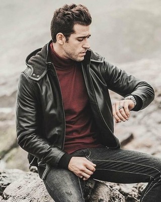 Men Leather Jacket with Hood Black Pure Lambskin Coat 