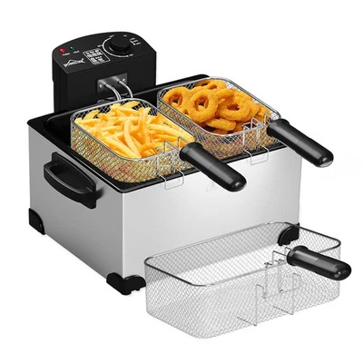 HOMELUX XXL Edelstahl Fritteuse 5L 2000 Watt Kaltzonen-Fritteuse mit öl 3 Körbe Deckel