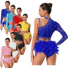 Womens Dancewear Rumba Outfits Lyrical Set Party Sparkly Glitter Rhinestone