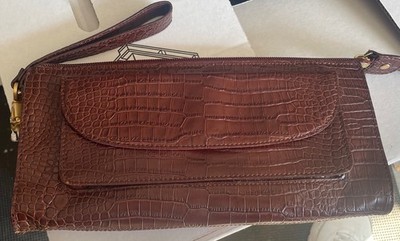 Talbots women's brown genuine leather zip clutch wristlet bag purse cardholder