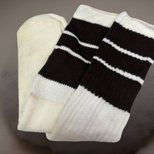 Vintage 80's Tube Socks 9-11 19" White Brown Striped USA Acrylic Flaws